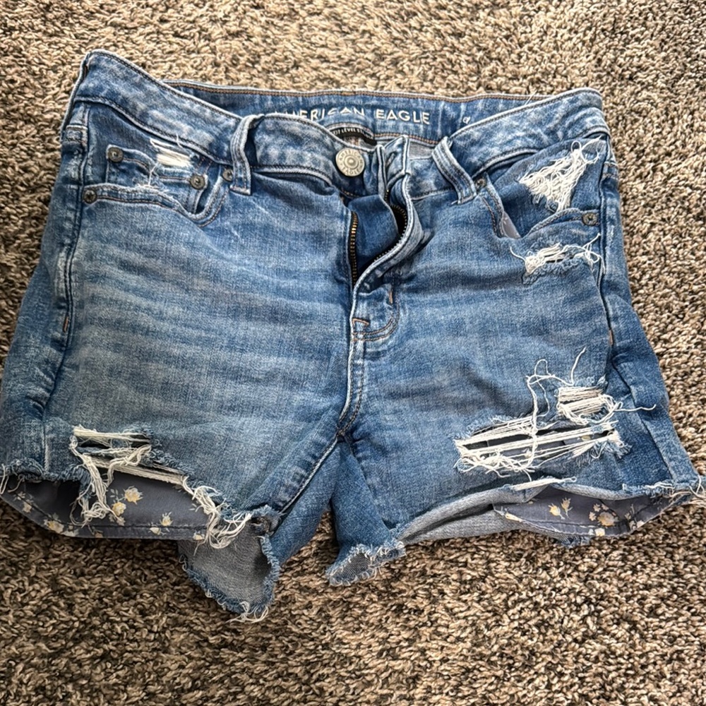American Eagle Outfitters Blue Jean Shorts with Distressed Finish